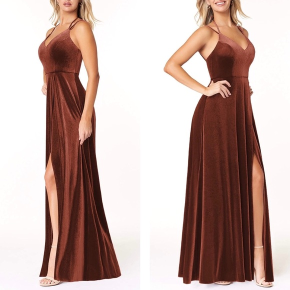 AZAZIE SORA Terracotta Flowy Halter Bow Velvet Maxi Dress - Picture 3 of 10